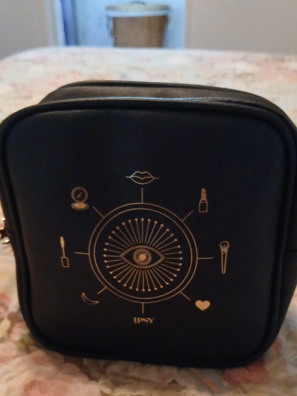ipsy Black Cosmetic Pouch with Gold Beauty Motif
